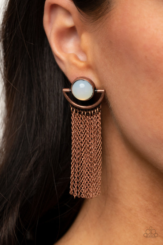 Paparazzi Accessories Opal Oracle - Copper Post Earrings a curtain of dainty copper chains stream from the bottom of a rustic crescent shaped copper frame that is dotted in a dewy opal bead for a mystical finish. Earring attaches to a standard post fitting.