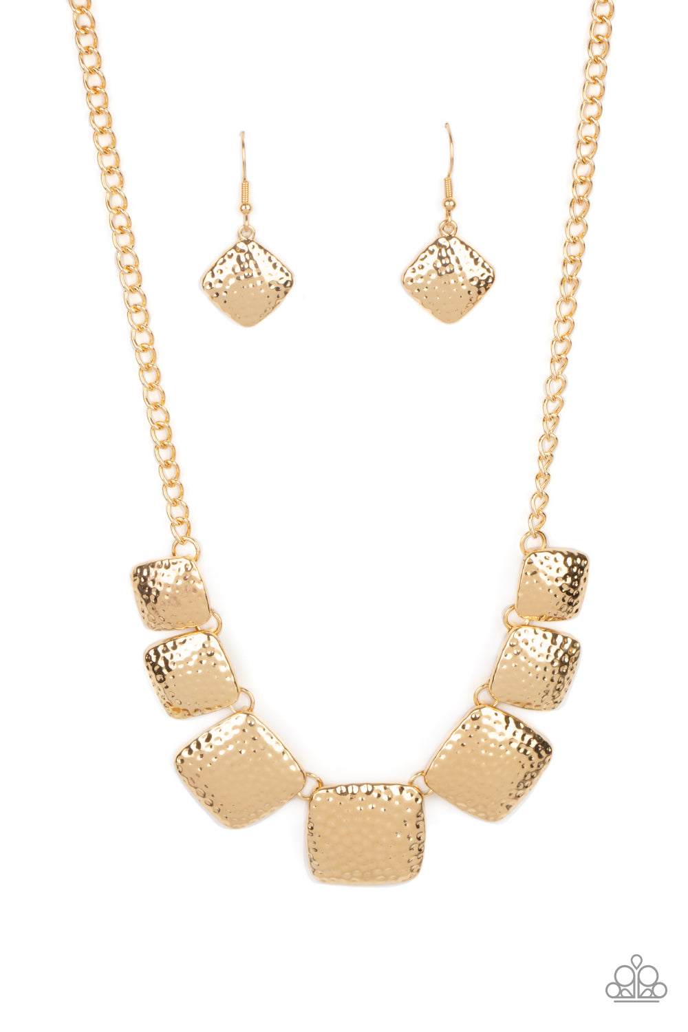 Paparazzi Accessories Keeping it Relic - Gold Necklaces gradually increasing in size near the center, a hammered collection of gold square frames delicately link below the collar for an artisan inspired look. Features an adjustable clasp closure.
