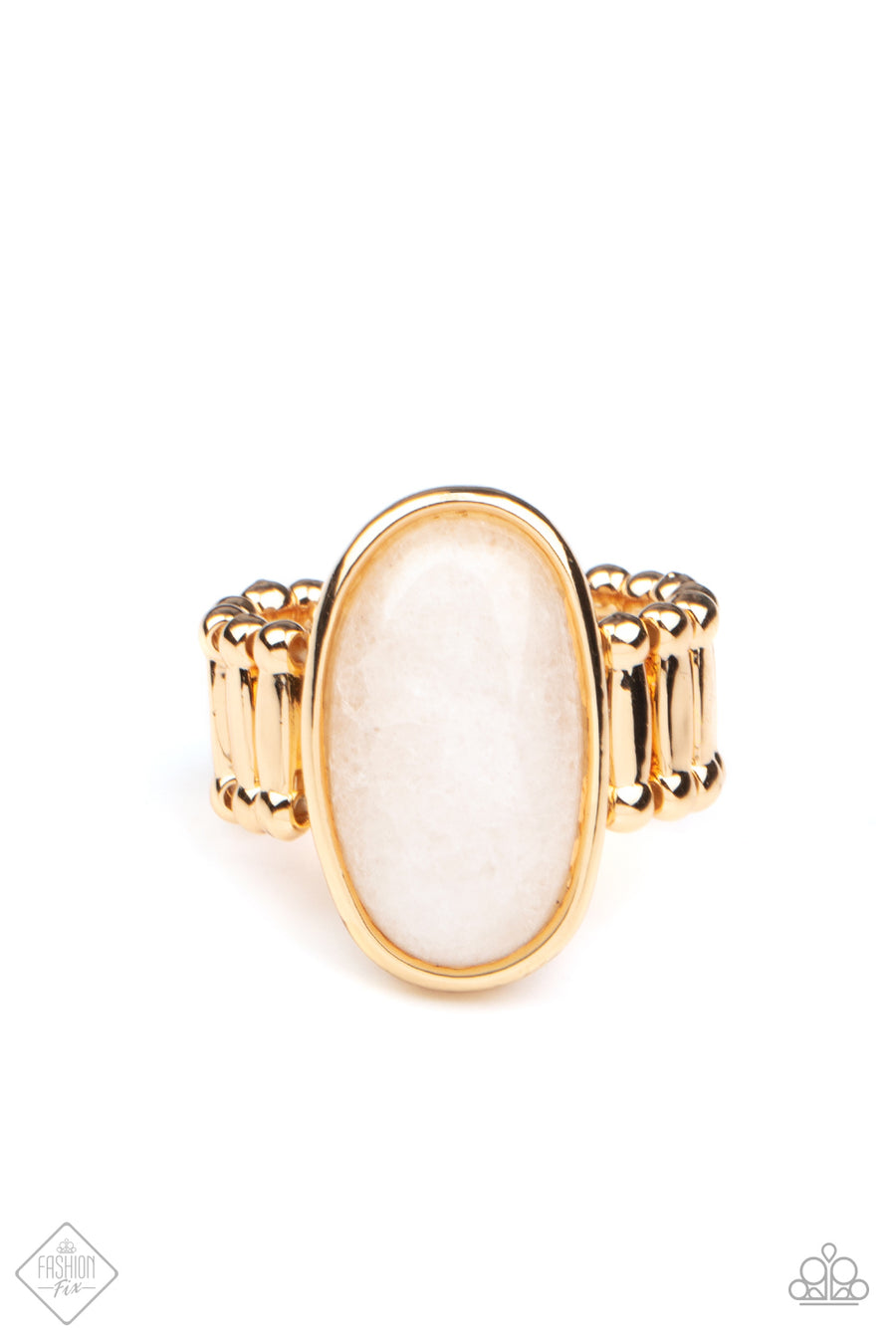 Paparazzi Accessories Mystical Mantra - Gold Rings a white oval stone is encased inside a sleek gold frame, creating a mystical centerpiece atop the finger. Features a stretchy band for a flexible fit.  Sold as one individual ring.