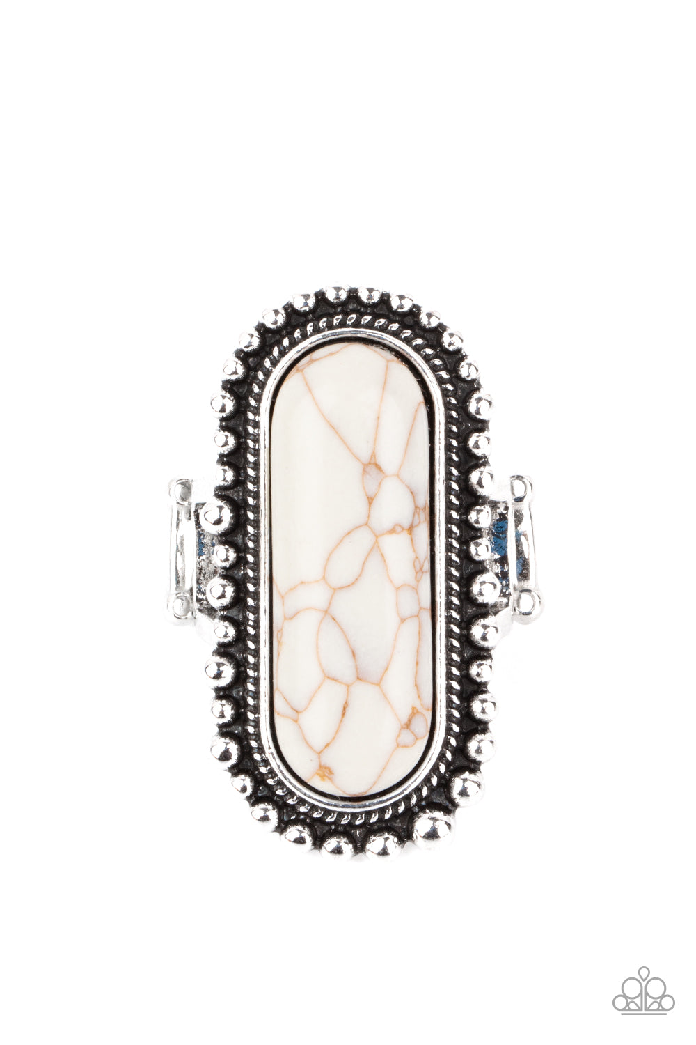 Paparazzi Accessories Sedona Scene - White Rings an oblong white stone is nestled inside an oversized studded silver frame, creating a colorfully rustic centerpiece atop the finger. Features a stretchy band for a flexible fit.