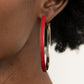 Fearless Flavor - Red Leather Hoop Earrings red leather lace is pressed along the indented spine of a silver hoop, creating a bold pop of color. Earring attaches to a standard post fitting. Hoop measures approximately 2 1/4" in diameter.  Sold as one pair of hoop earrings.  Paparazzi Jewelry is lead and nickel free so it's perfect for sensitive skin too!