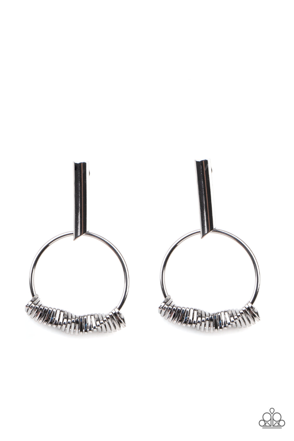 Paparazzi Accessories Set Into Motion - Black Post Earrings glistening gunmetal triangular rings are delicately fitted in place along the bottom of a dainty gunmetal hoop, creating the illusion of twisting movement. The edgy hoop links to a gunmetal rectangular hoop, creating an edgy lure. Earring attaches to a standard post fitting.  Sold as one pair of post earrings.  Paparazzi Jewelry is lead and nickel free so it's perfect for sensitive skin too!