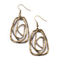 Paparazzi Accessories Artisan Relic - Brass Earrings featuring a hammered finish, a rustic brass wire delicately wraps into an asymmetrical frame for a dizzying artisan inspired look. Earring attaches to a standard fishhook fitting.  Sold as one pair of earrings.