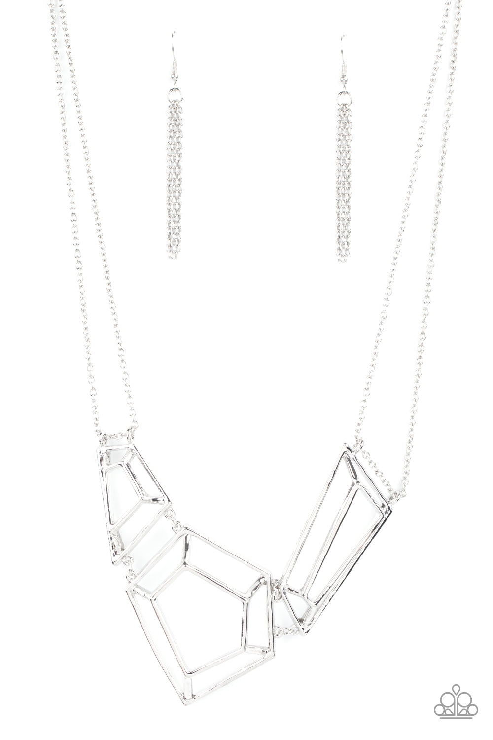 3-D Drama - Silver Necklaces glistening silver bars connect into edgy 3-dimensional frames below the collar, creating a bold geometric statement piece. Features an adjustable clasp closure.  Sold as one individual necklace. Includes one pair of matching earrings.  Paparazzi Jewelry is lead and nickel free so it's perfect for sensitive skin too!