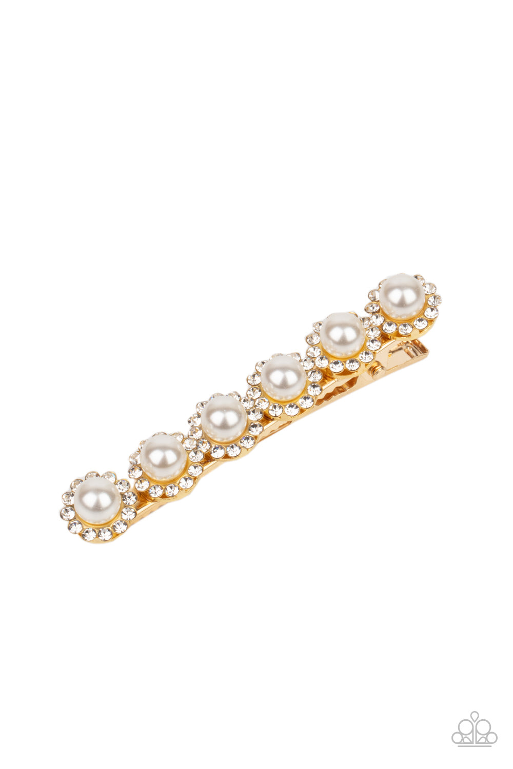 Polished Posh - Gold Pearl Hair Clip bordered in rings of dainty white rhinestones, pearly white beads embellish the front of a gold hair clip for a timeless finish.  Sold as one individual hair clip.