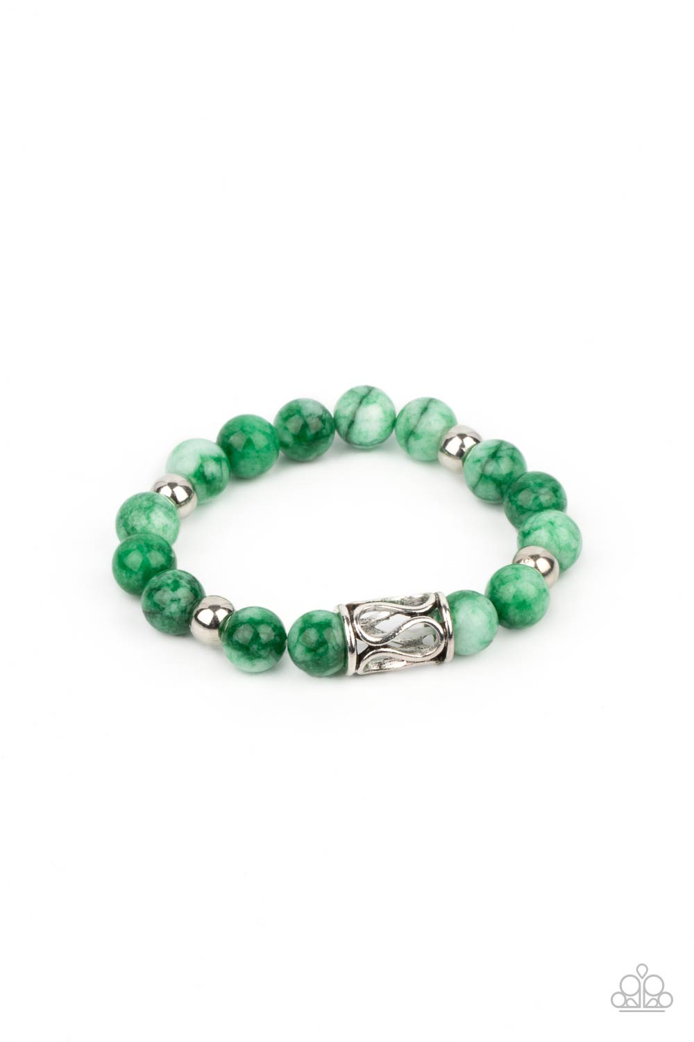 Soothes the Soul - Green Urban Bracelets infused with an ornate silver centerpiece, an earthy collection of silver and jade beads are threaded along a stretchy band around the wrist for a seasonal flair.  Sold as one individual bracelet.  Paparazzi Jewelry is lead and nickel free so it's perfect for sensitive skin too!