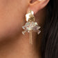 Paparazzi Accessories Harmonically Holographic - Gold Post Earrings dainty gold chains stream out from the bottom of iridescent acrylic petal-like frames that attach to an asymmetrical gold frame, creating an enchanting cluster. Earring attaches to a standard post fitting.  Sold as one pair of post earrings.