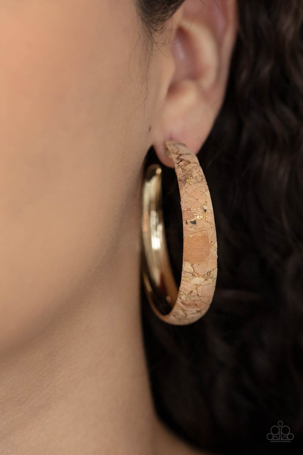 Paparazzi Accessories - A Cork in the Road - Gold Hoop Earrings golden veins accent the front of a cork lined gold hoop, creating a refined display. Hoop measures approximately 2" in diameter. Earring attaches to a standard post fitting.  Sold as one pair of hoop earrings.