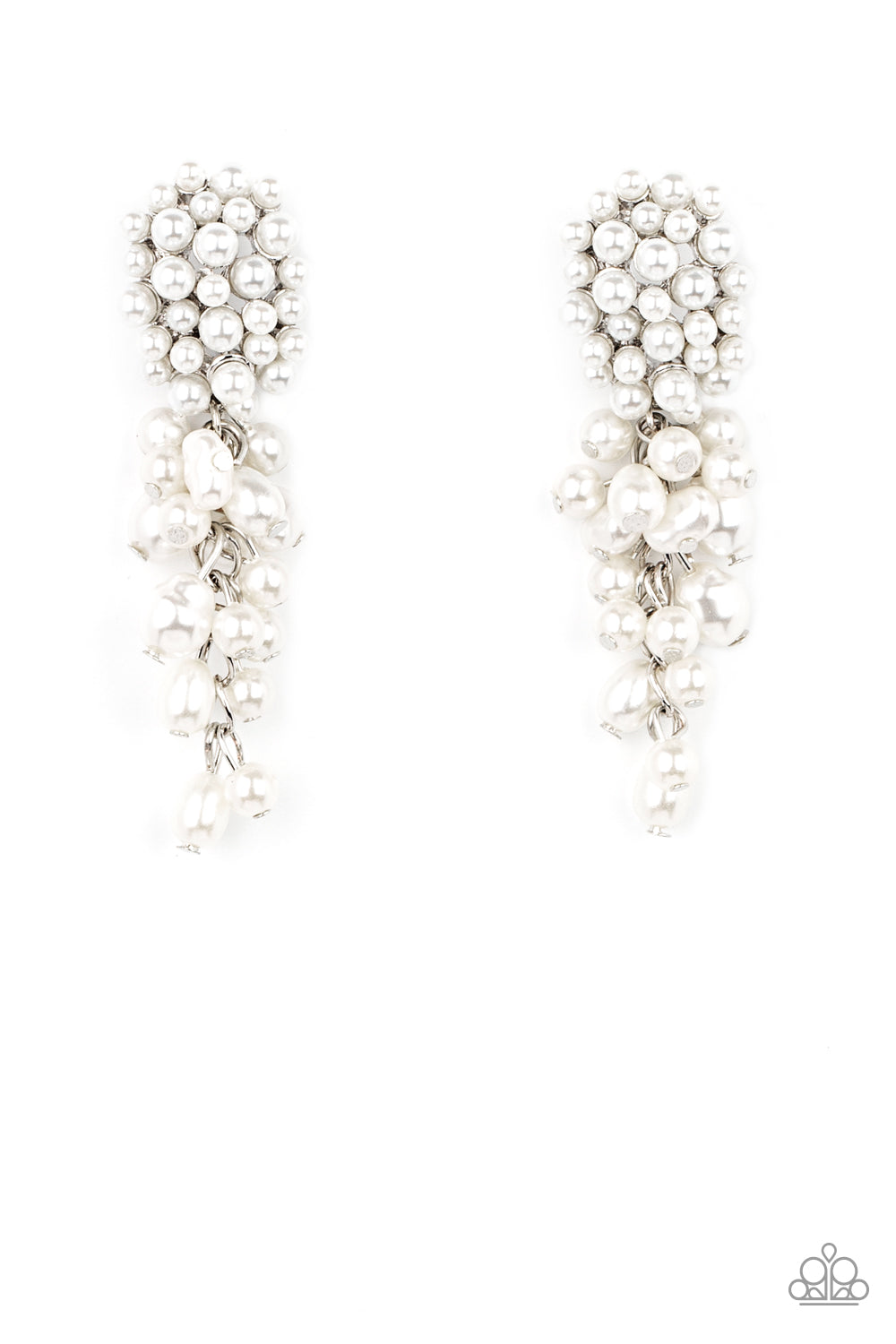 Fabulously Flattering - White Earrings featuring imperfect finishes, a bubbly tassel of white pearls trickles from the bottom of a pearl encrusted silver fitting for a timeless look. Earring attaches to a standard post fitting.  Sold as one pair of post earrings.  Paparazzi Jewelry is lead and nickel free so it's perfect for sensitive skin too!
