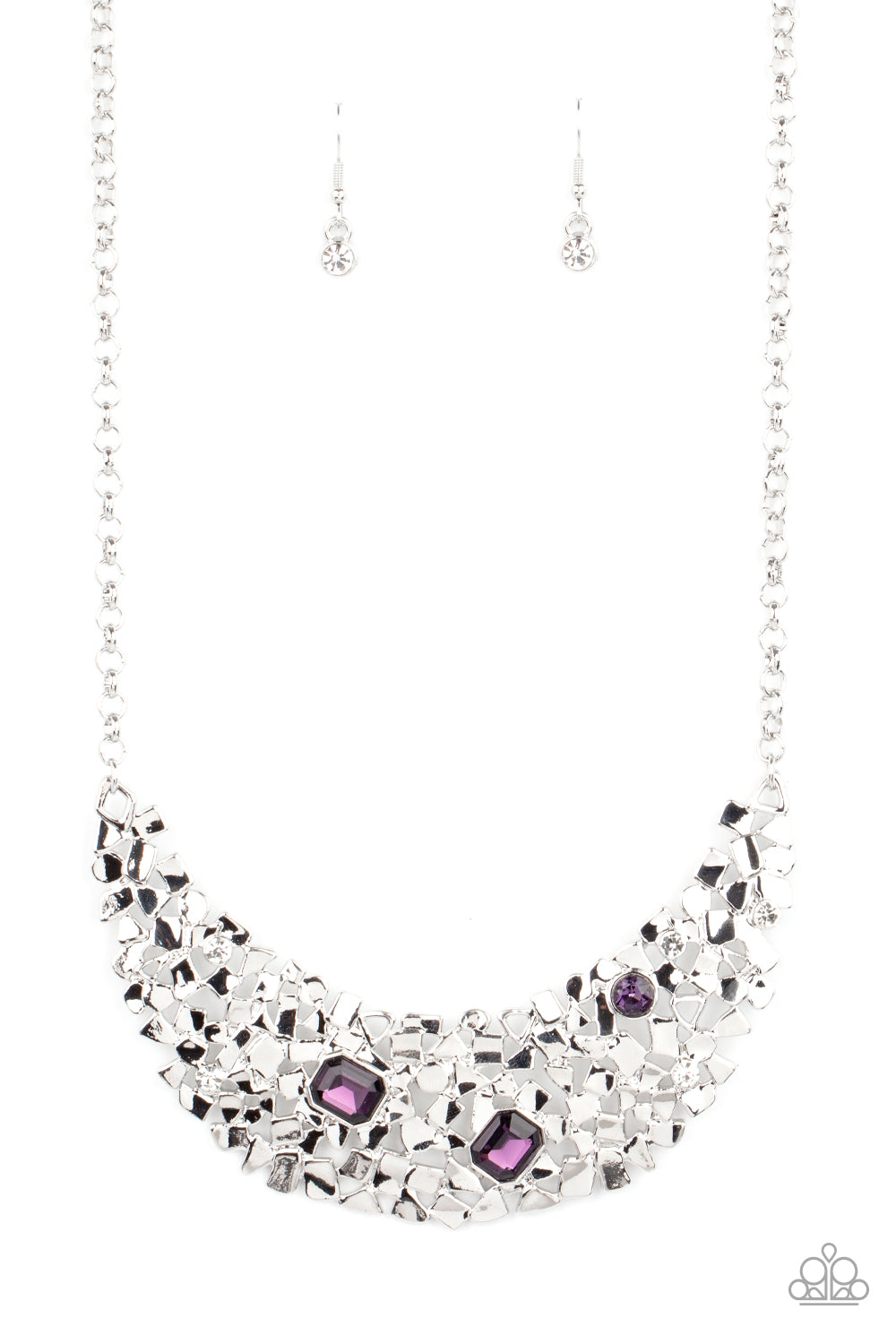 Fabulously Fragmented - Purple Rhinestone Necklaces - Paparazzi Accessories dporadically dotted in mismatched purple and white rhinestones, a smattering of fragmented silver frames coalesce into a bold half moon below the collar for an edgy fashion. Features an adjustable clasp closure.  Sold as one individual necklace. Includes one pair of matching earrings.