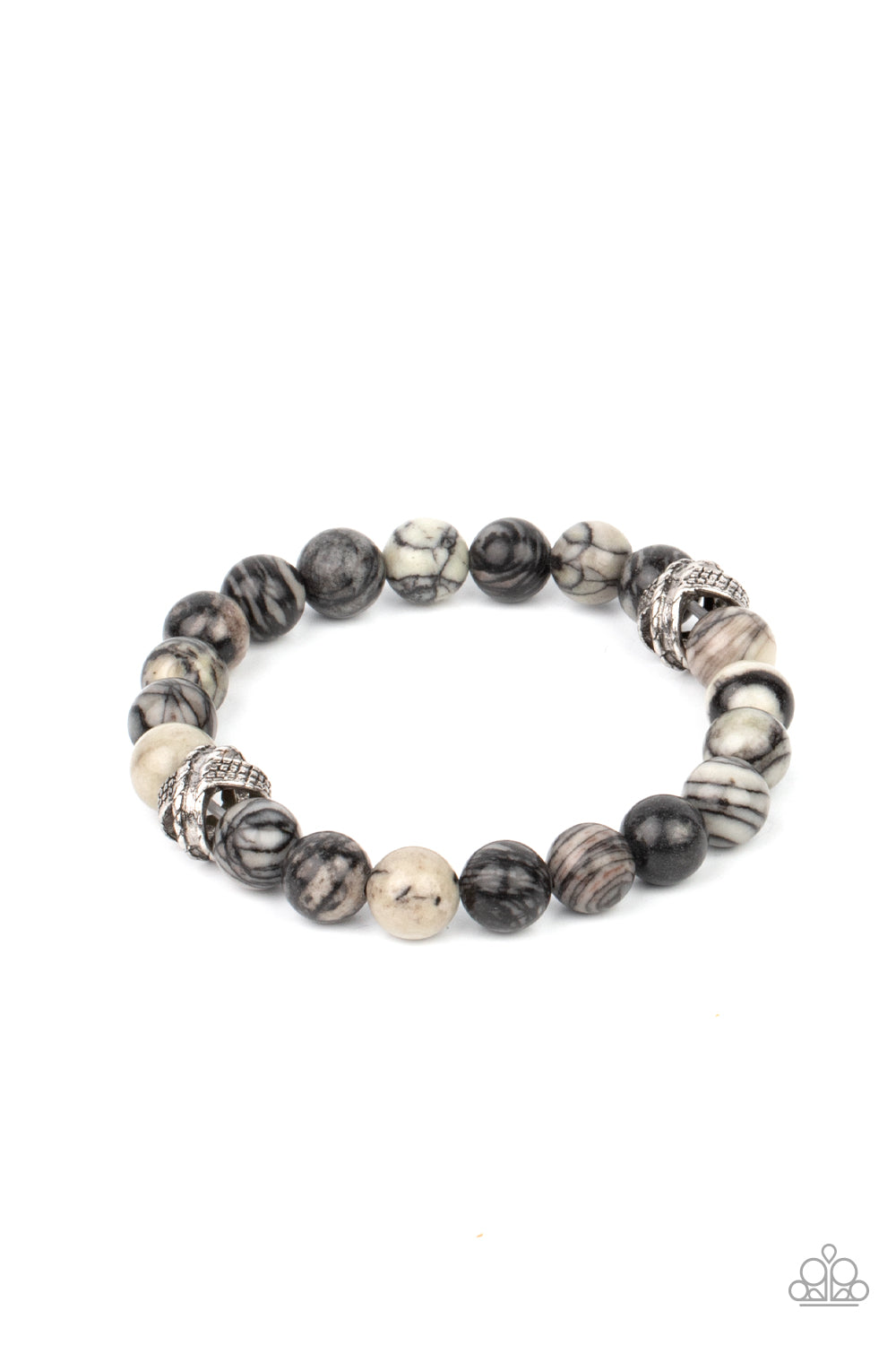Zen Commandments - Black Urban Bracelets infused with textured silver accents, an earthy collection of swirling black and white stones are threaded along a stretchy band around the wrist for a seasonal fashion.  Sold as one individual bracelet.  Paparazzi Jewelry is lead and nickel free so it's perfect for sensitive skin too!