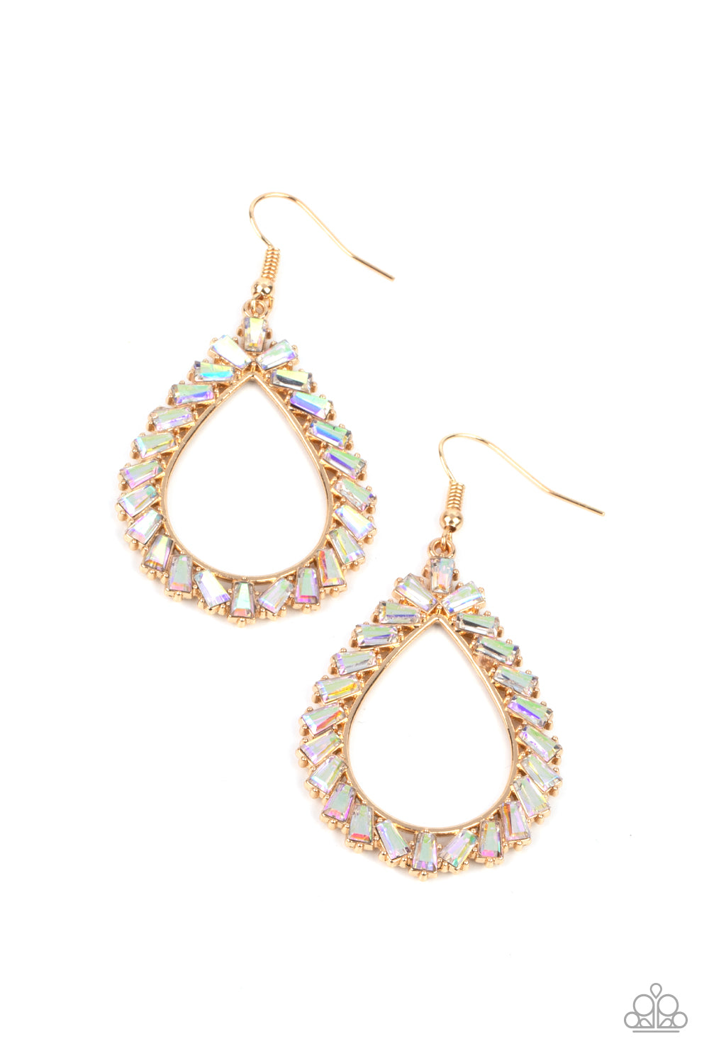 Stay Sharp - Gold Iridescent Gems Earrings featuring flared emerald style cuts, a glittery collection of iridescent gems adorn the front of a gold teardrop for a jaw-dropping dazzle. Earring attaches to a standard fishhook fitting.  Sold as one pair of earrings.