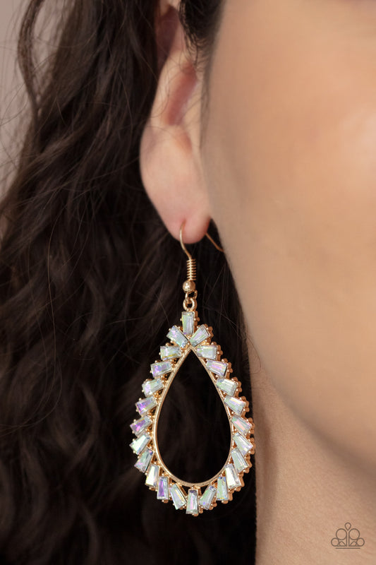 Stay Sharp - Gold Iridescent Gems Earrings featuring flared emerald style cuts, a glittery collection of iridescent gems adorn the front of a gold teardrop for a jaw-dropping dazzle. Earring attaches to a standard fishhook fitting.  Sold as one pair of earrings.