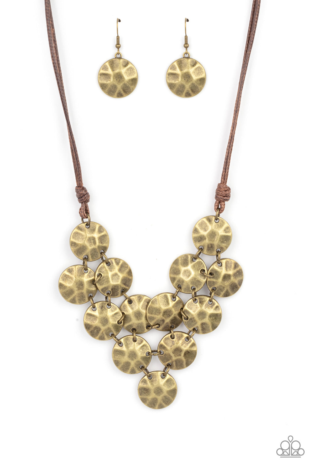 Token Treasure - Brass Hammered Necklaces featuring a hammered finish, a collection of rustic brass discs delicately connect into a netted pendant at the bottom of knotted brown cords for a statement-making look. Features an adjustable clasp closure.  Sold as one individual necklace. Includes one pair of matching earrings.  Paparazzi Jewelry is lead and nickel free so it's perfect for sensitive skin too!