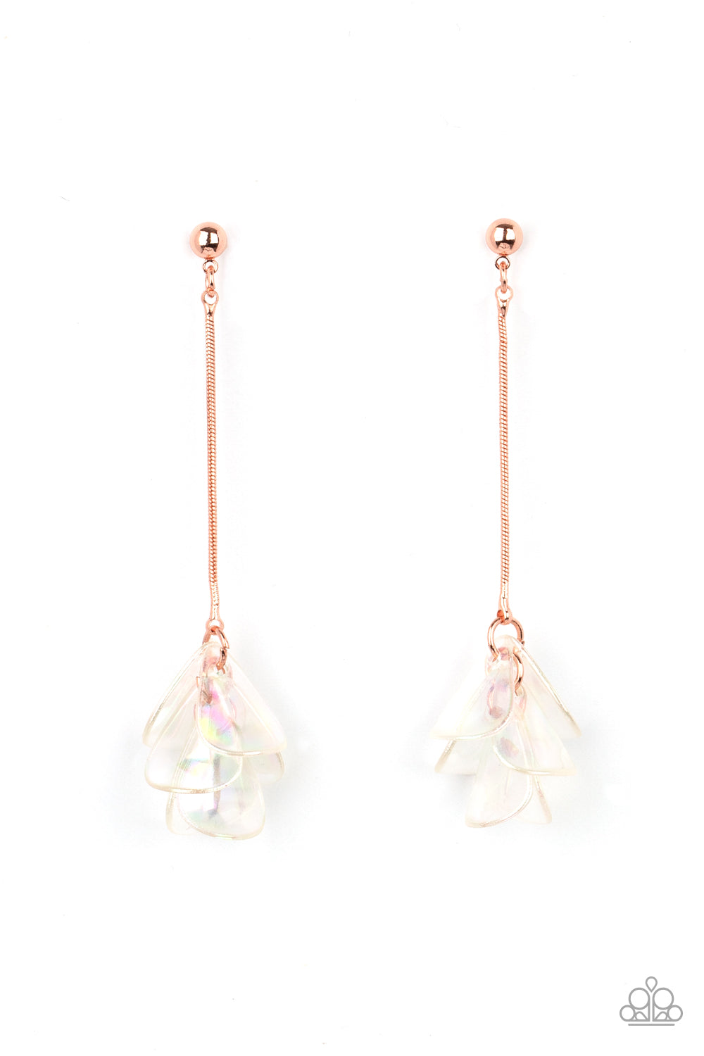 Paparazzi Accessories Keep Them in Suspense - Copper Post Earrings an iridescent acrylic petals delicately cluster at the bottom of a shiny copper chain, creating an ethereal tassel. Earring attaches to a standard post fitting.  Sold as one pair of post earrings.  Paparazzi Jewelry is lead and nickel free so it's perfect for sensitive skin too!