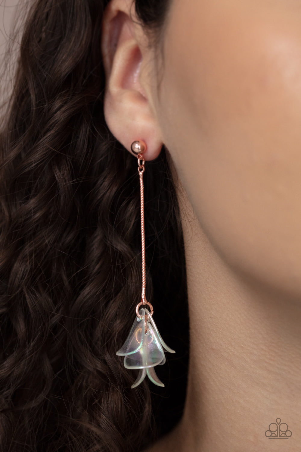 Paparazzi Accessories Keep Them in Suspense - Copper Post Earrings an iridescent acrylic petals delicately cluster at the bottom of a shiny copper chain, creating an ethereal tassel. Earring attaches to a standard post fitting.  Sold as one pair of post earrings.  Paparazzi Jewelry is lead and nickel free so it's perfect for sensitive skin too!