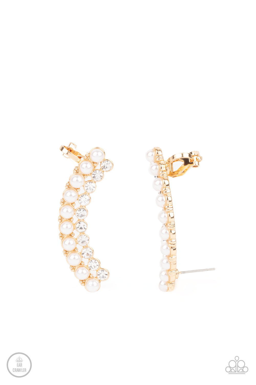 Double Down on Dazzle - Gold Pearls and Rhinestones Ear Crawlers featuring classic gold fittings, two rows of dainty white pearls and glassy white rhinestones arch into a timeless statement piece. Earring attaches to a standard post earring. Features a clip-on fitting at the top for a secure fit.  Sold as one pair of ear crawlers.