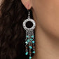 Paparazzi Accessories Primal Prestige - Blue Fishhook Earrings tapered tassels of dainty wooden beads and turquoise pebbles stream from the bottom of a hammered silver hoop, creating an earthy fringe. Earring attaches to a standard fishhook fitting.