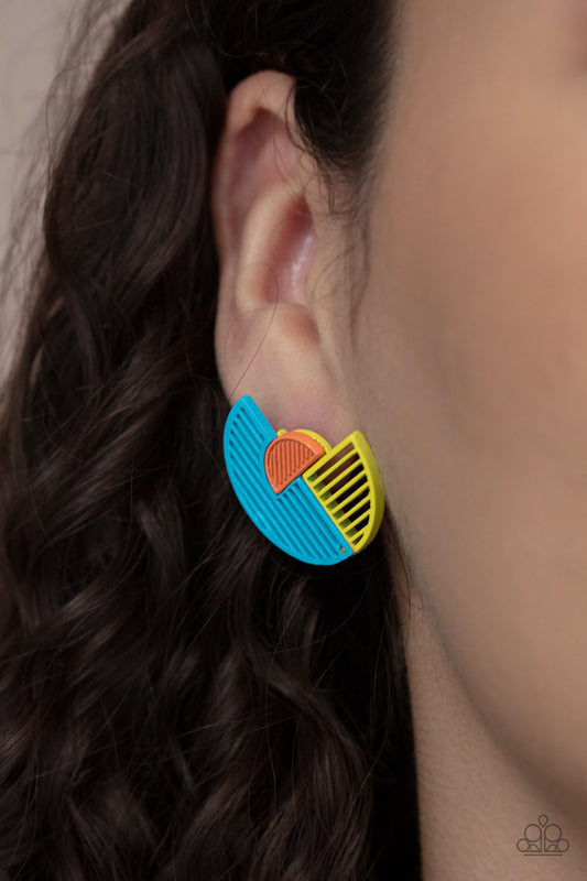 Paparazzi Accessories It's Just an Expression - Blue Post Earrings featuring airy stenciled linear patterns, overlapping blue and yellow crescent shaped frames gather around a dainty orange crescent frame, creating a modern display. Earring attaches to a standard post fitting.