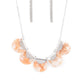 Mermaid Oasis - Orange Shell-Like Necklaces flecked in shell-like iridescence, orange acrylic discs are pinched between shiny silver fittings as they link below the collar, creating a colorful fringe. Features an adjustable clasp closure.  Sold as one individual necklace. Includes one pair of matching earrings.