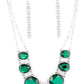 Absolute Admiration - Green Rhinestone Necklaces encased in hammered asymmetrical silver frames, an imperfect collection of faceted green gems are suspended from two shimmery silver chains as they double-link below the collar for a dramatic effect. Features an adjustable clasp closure.  Sold as one individual necklace. Includes one pair of matching earrings.