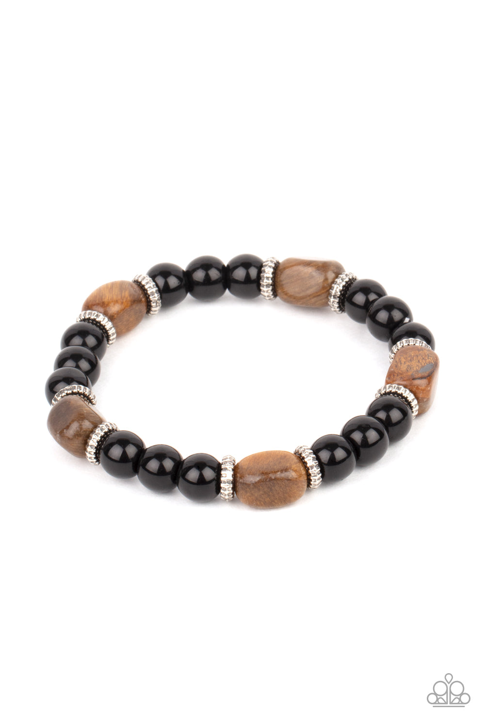 Unity - Brown Tiger's Eye Urban Stretch Bracelets infused with dainty silver accents, glassy black and tiger's eye stone beads are threaded along a stretchy band around the wrist for a stackable seasonal look.  Sold as one individual bracelet.  Paparazzi Jewelry is lead and nickel free so it's perfect for sensitive skin too!