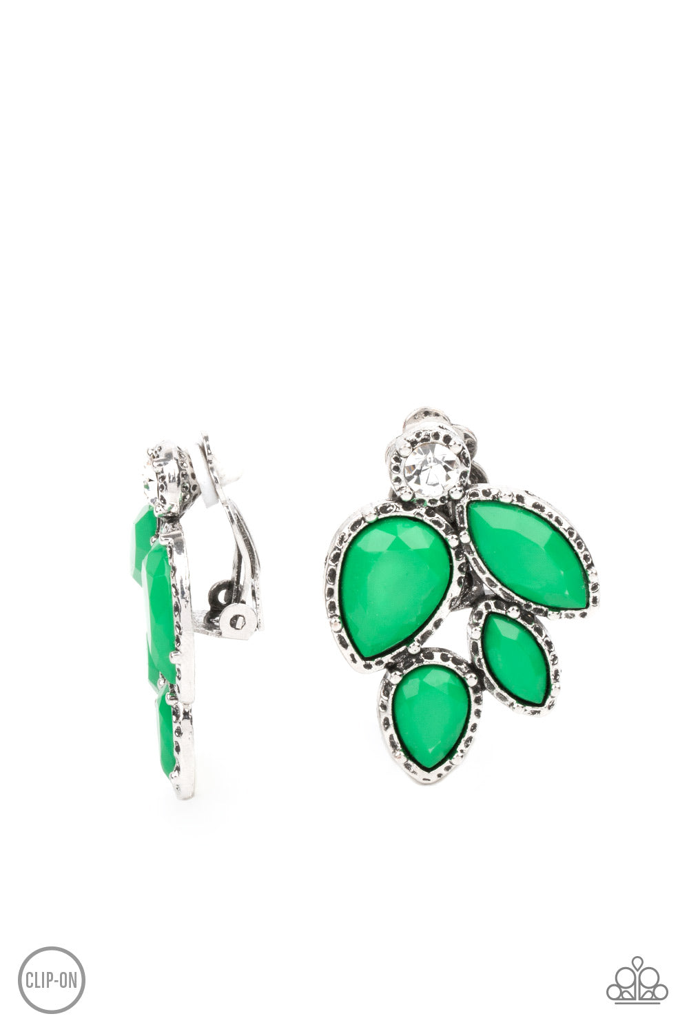 Fancy Foliage - Green Clip-On Earrings featuring a dainty white rhinestone, faceted Mint teardrop and marquise beads are pressed into hammered silver fittings that coalesce into a leafy frame. Earring attaches to a standard clip-on fitting.  Sold as one pair of clip-on earrings.  Paparazzi Jewelry is lead and nickel free so it's perfect for sensitive skin too!