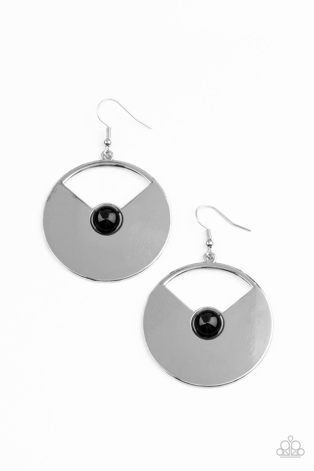 Paparazzi Accessories Record-Breaking Brilliance - Black Fishhook Earrings dotted with a black bead center, a slice of metal has been removed from an oversized silver disc for a retro effect. Earring attaches to a standard fishhook fitting.