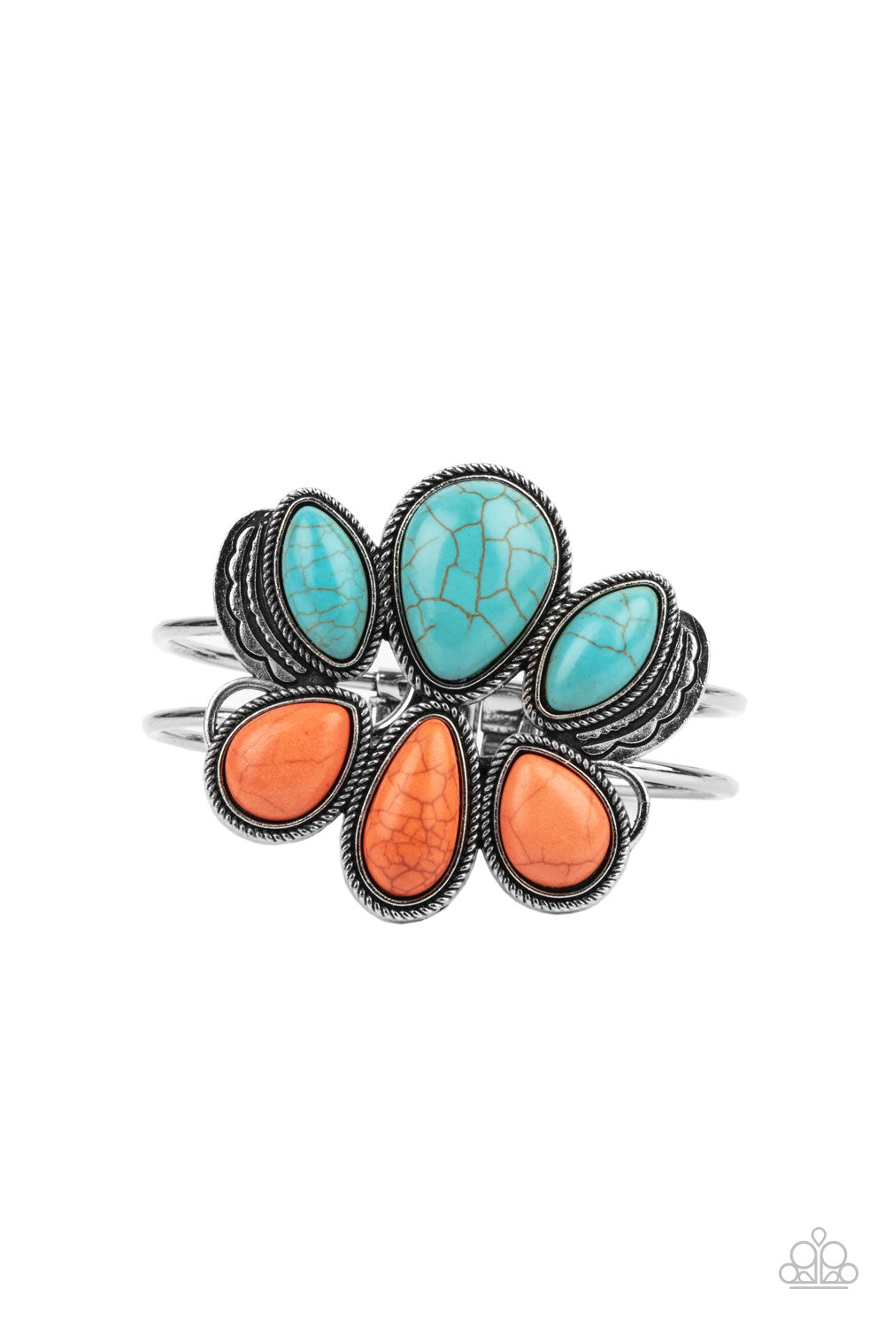 Botanical Badlands - Orange Hinged Bracelets encased in antiqued silver rope-like frames, a colorful collection of turquoise and orange stone teardrops stack into a rustic centerpiece atop a layered silver cuff. Features an adjustable hinged closure.  Sold as one individual bracelet.  Paparazzi Jewelry is lead and nickel free so it's perfect for sensitive skin too!