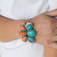 Botanical Badlands - Orange Hinged Bracelets encased in antiqued silver rope-like frames, a colorful collection of turquoise and orange stone teardrops stack into a rustic centerpiece atop a layered silver cuff. Features an adjustable hinged closure.  Sold as one individual bracelet.  Paparazzi Jewelry is lead and nickel free so it's perfect for sensitive skin too!