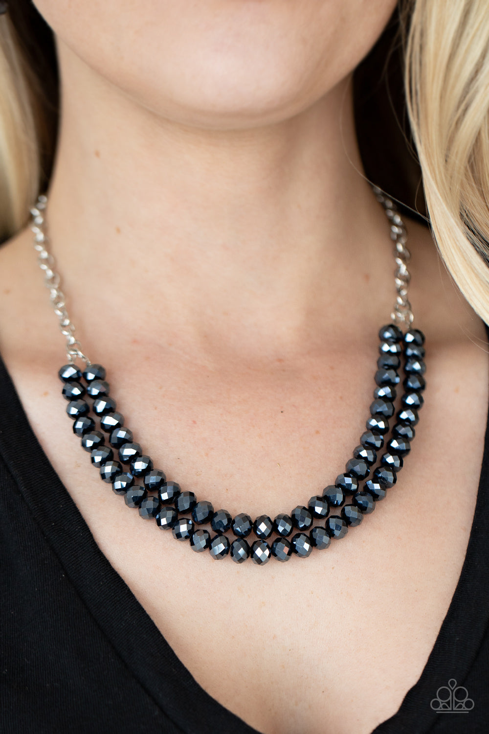 Paparazzi Accessories May The FIERCE Be With You - Blue Necklaces a sturdy silver chain connects double strands of Inkwell beads. The reflective multi-faceted beads connect below the collar for a fiercely stunning style. Features an adjustable clasp closure.