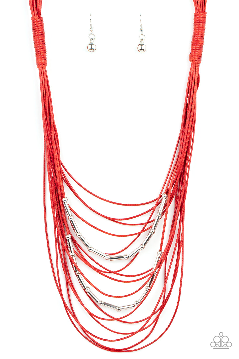 Paparazzi Accessories - Nice CORD-ination - Red Necklaces two rows of dainty silver beads and cylindrical rods are threaded along strands of shiny red cording that has been knotted in place, creating edgy rows across the chest. Features a magnetic closure.  Sold as one individual necklace. Includes one pair of matching earrings.