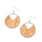 Nod to Nature - White Cork Earrings - Paparazzi Accessories featuring hints of white accents, an earthy piece of cork is placed into the center of a circular hoop. A triangular slice is removed from the cork, creating an edgy airy finish. Earring attaches to a standard fishhook fitting.  Sold as one pair of earrings.