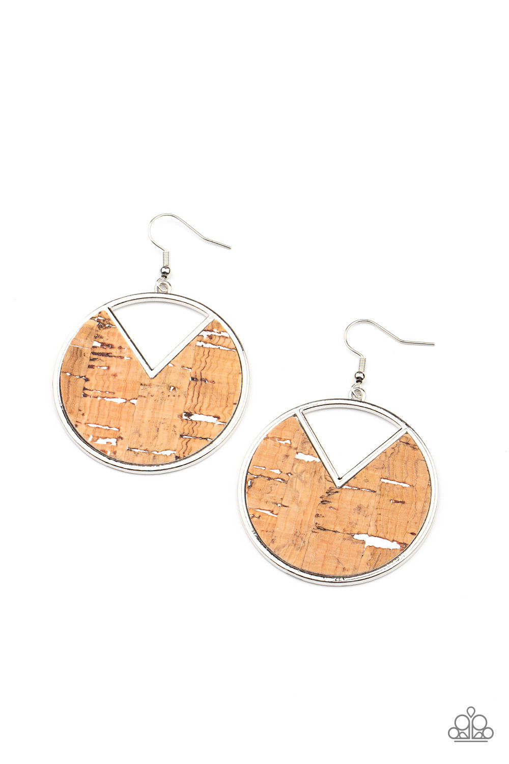 Nod to Nature - White Cork Earrings - Paparazzi Accessories featuring hints of white accents, an earthy piece of cork is placed into the center of a circular hoop. A triangular slice is removed from the cork, creating an edgy airy finish. Earring attaches to a standard fishhook fitting.  Sold as one pair of earrings.