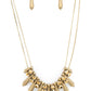 Paparazzi Accessories Dangerous Dazzle - Brass Necklaces Pairs of glittery aurum rhinestones alternate between flared brass rods that are threaded along two rows of flat brass chains, creating a dangerous fringe below the collar. Features an adjustable clasp closure.  Sold as one individual necklace. Includes one pair of matching earrings.  Paparazzi Jewelry is lead and nickel free so it's perfect for sensitive skin too!