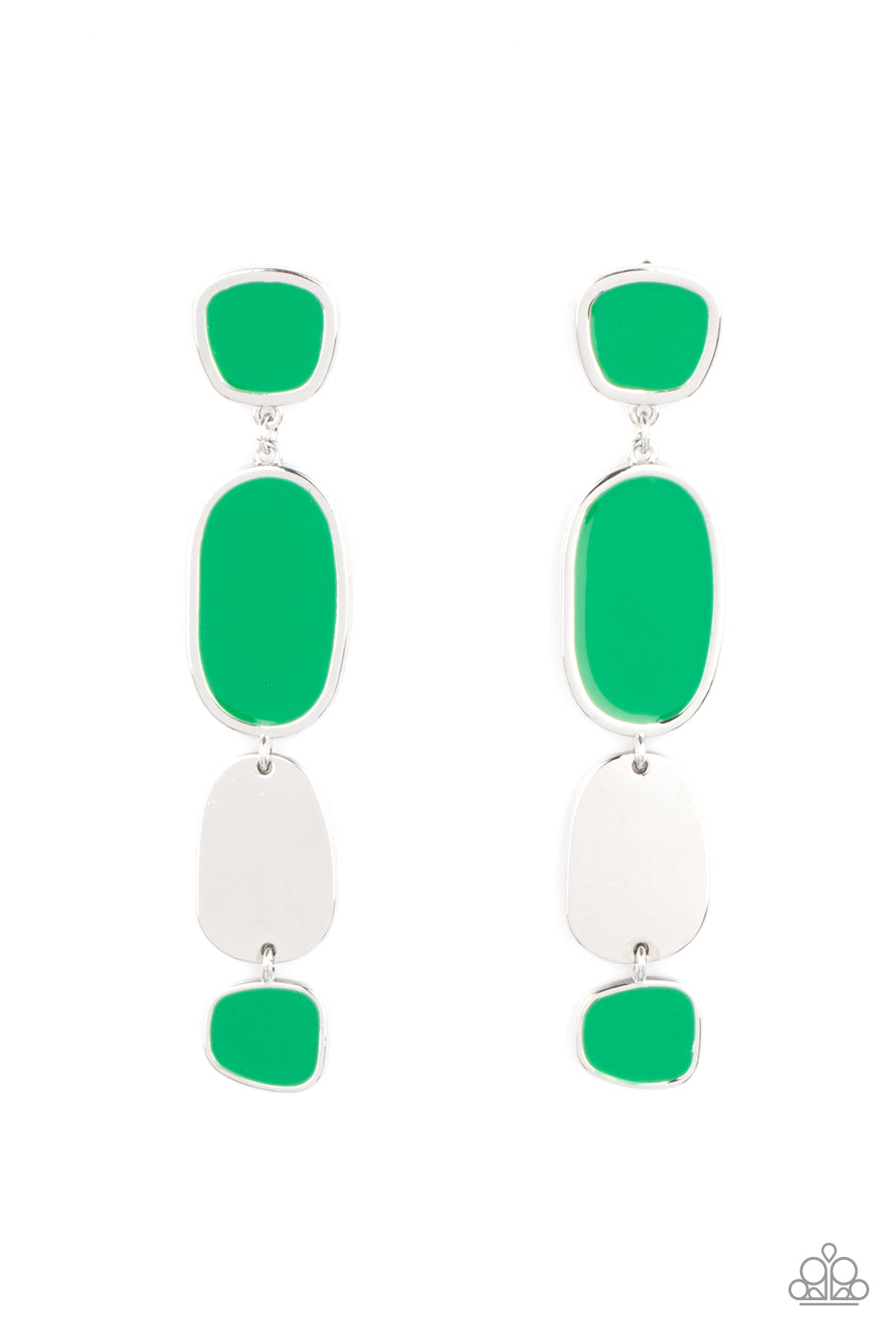 All Out Allure - Green Earrings painted in a shiny Mint finish, asymmetrical frames attach to a single silver frame, creating an abstract lure. Earring attaches to a standard post fitting.  Sold as one pair of post earrings.  Paparazzi Jewelry is lead and nickel free so it's perfect for sensitive skin too!