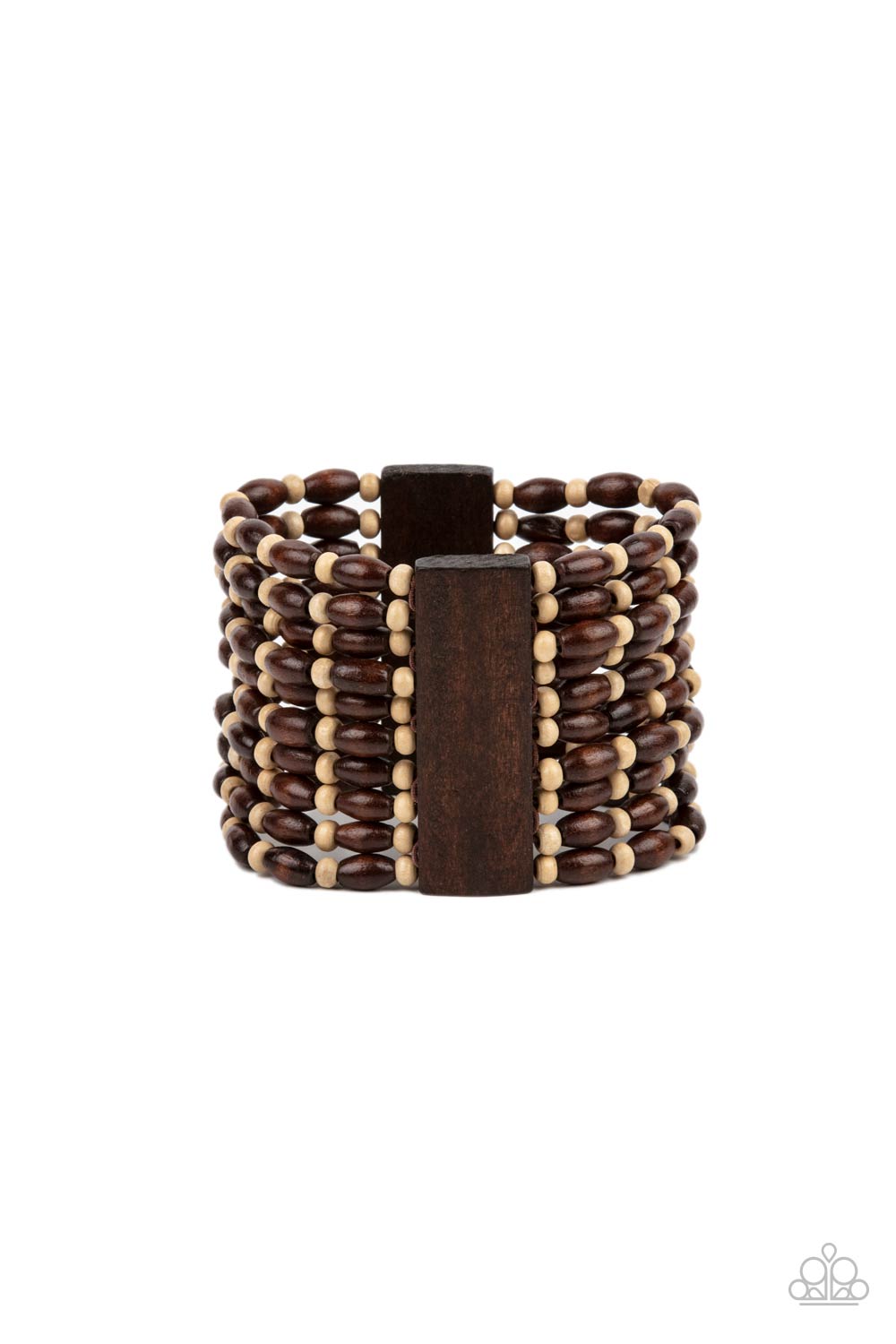 Cayman Carnival - Brown Wood Stretch Bracelets held together with rectangular wooden frames, an earthy collection of white wooden beads and brown oval wooden beads are threaded along stretchy bands around the wrist for a bold beach inspired fashion.  Sold as one individual bracelet.
