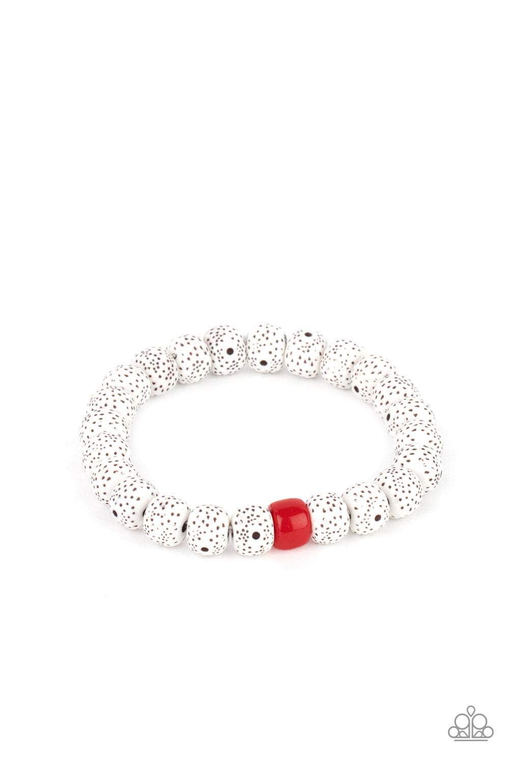 ZEN Second Rule - Red Stretch Bracelets featuring a fiery red beaded centerpiece, a collection of dotted faux stone beads are threaded along a stretchy band around the wrist for an earthy effect.  Sold as one individual bracelet.  Paparazzi Jewelry is lead and nickel free so it's perfect for sensitive skin.