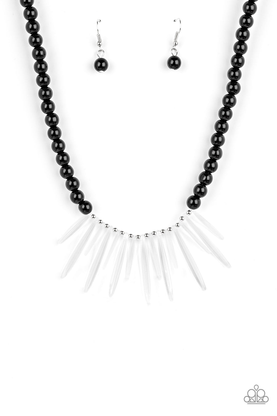 Icy Intimidation - Black Beaded Necklaces acrylic icicles drip from the center of a strand of black beads, creating an intensely icy fringe below the collar. Features an adjustable clasp closure.  Sold as one individual necklace. Includes one pair of matching earrings.