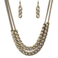 Urban Culture - Brass Necklace two sections of chunky brass curb chain attach to doubled brass chains below the collar, creating an intense industrial centerpiece. Features an adjustable clasp closure.  Sold as one individual necklace. Includes one pair of matching earrings.  Paparazzi Jewelry is lead and nickel free so it's perfect for sensitive skin too!!