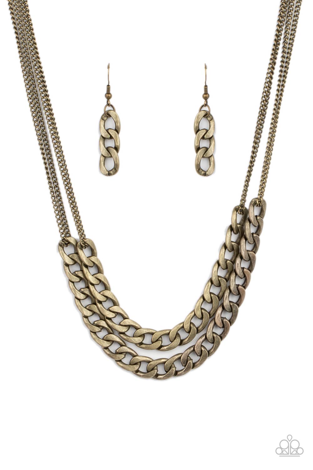Urban Culture - Brass Necklace two sections of chunky brass curb chain attach to doubled brass chains below the collar, creating an intense industrial centerpiece. Features an adjustable clasp closure.  Sold as one individual necklace. Includes one pair of matching earrings.  Paparazzi Jewelry is lead and nickel free so it's perfect for sensitive skin too!!