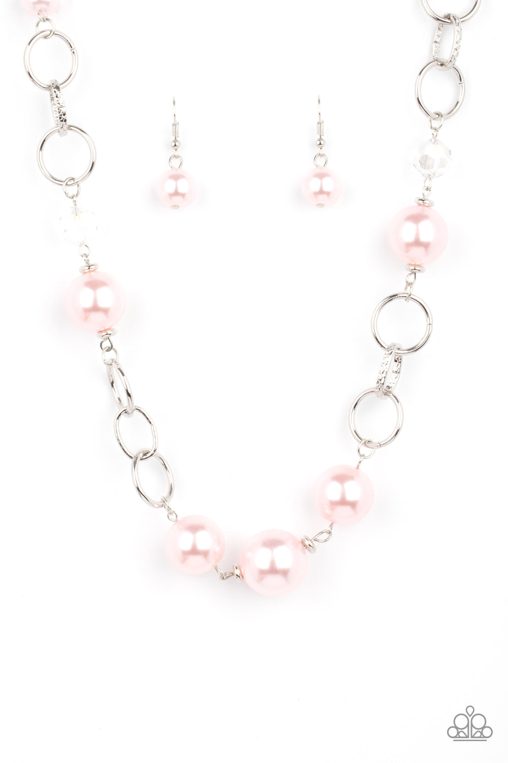 Paparazzi Accessories New Age Novelty - Pink Pearl Necklaces sections of bold silver links, oversized pink pearls, and glassy crystal-like beads haphazardly connect below the collar, creating a dramatic display. Features an adjustable clasp closure.  Sold as one individual necklace. Includes one pair of matching earrings.  Paparazzi Jewelry is lead and nickel free so it's perfect for sensitive skin too!