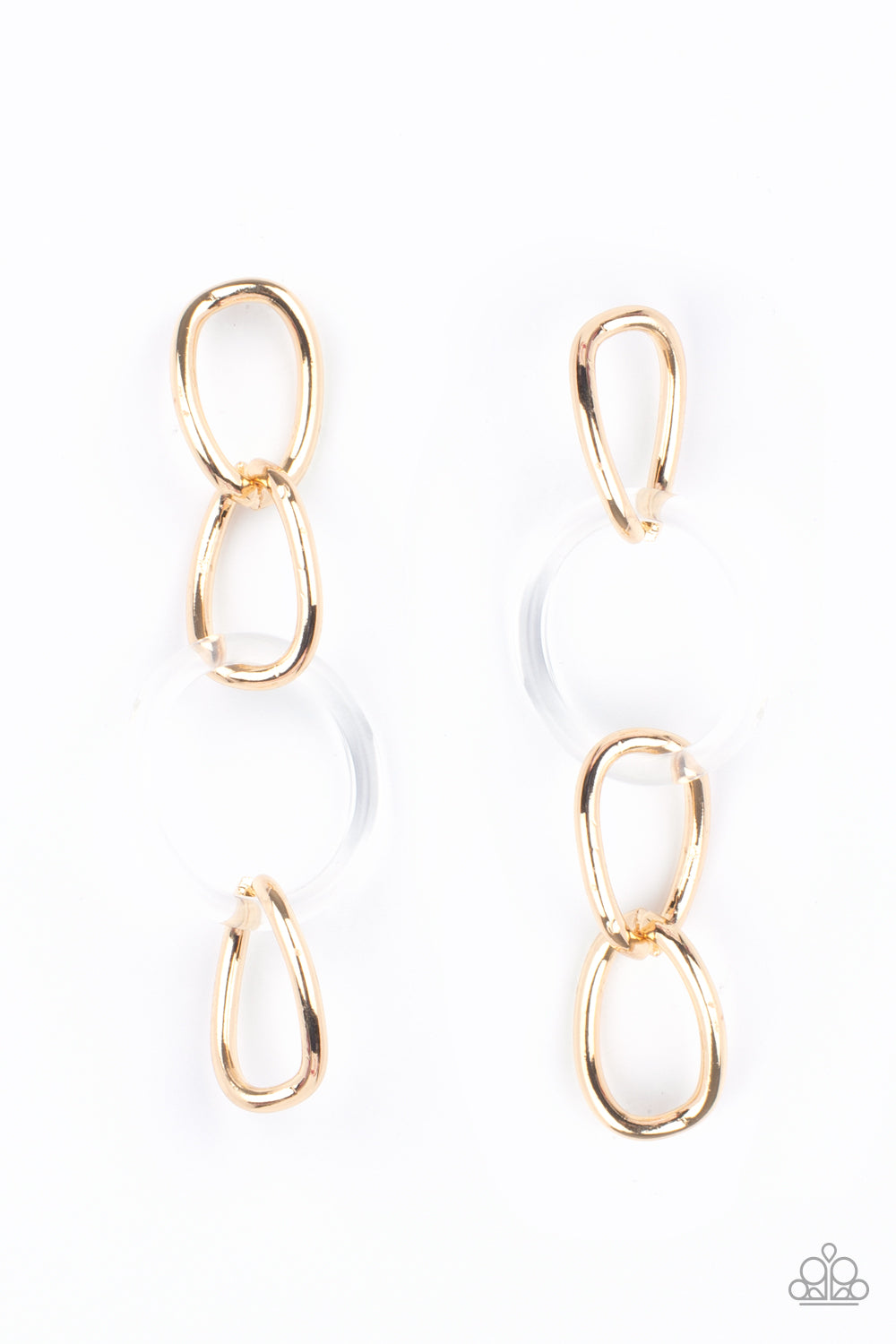 Talk in Circles - Gold Earrings bright gold oversized links, interrupted by a single large clear acrylic ring, fall from the ear in linked succession for an on-trend fashion statement. Earring attaches to a standard post fitting.  Sold as one pair of post earrings.  Paparazzi Jewelry is lead and nickel free so it's perfect for sensitive skin too!