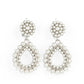Discerning Droplets - White Clip-On Earrings droplets of pearls dot the surface of a silver teardrop frame that suspends from a round pearl encrusted disc for a classic finish. Earring attaches to a standard clip-on fitting.  Sold as one pair of clip-on earrings.  Paparazzi Jewelry is lead and nickel free so it's perfect for sensitive skin too!