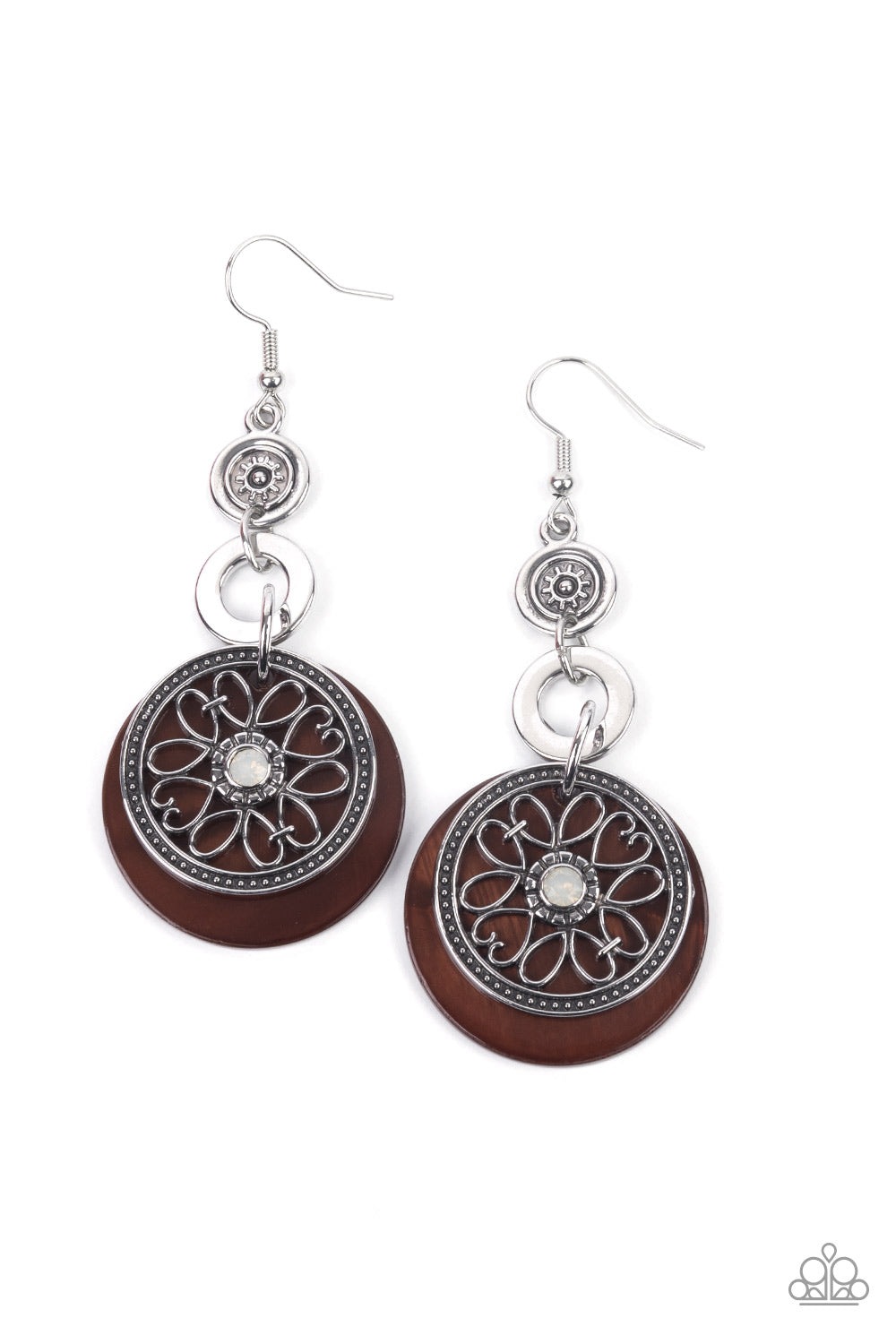 Paparazzi Accessories Royal Marina - Brown Fishhook Earrings reminiscent of an eclipse, an airy silver ring radiating with ornate petals, sways in front of a brown shell-like disc. Silver rings in graduating sizes cascade from the top for a whimsically nautical look. Earring attaches to a standard fishhook fitting.  Sold as one pair of earrings.