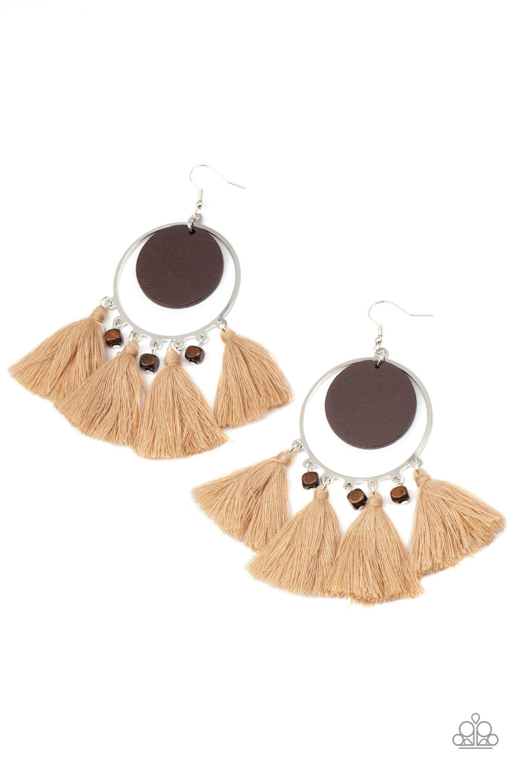 Paparazzi Accessories Yacht Bait - Brown Earrings wooden disc swings from the top of a shiny silver hoop that is adorned in dainty wooden cube beads and Desert Mist threaded tassels, creating an earthy fringe. Earring attaches to a standard fishhook fitting.  Sold as one pair of earrings.  Paparazzi Jewelry is lead and nickel free so it's perfect for sensitive skin too!