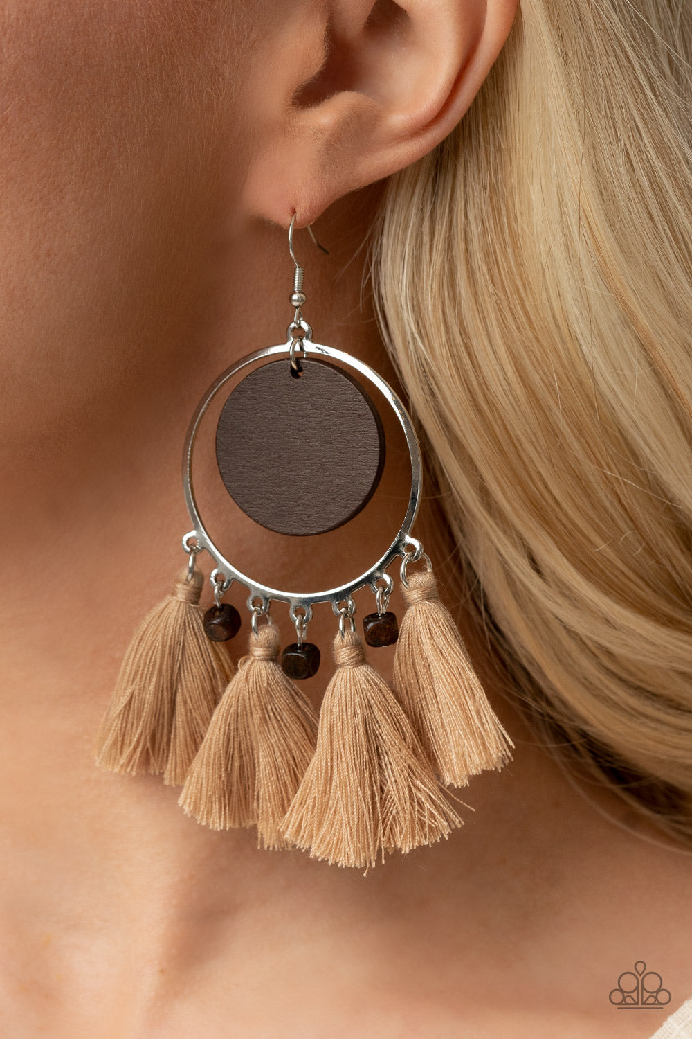 Paparazzi Accessories Yacht Bait - Brown Earrings wooden disc swings from the top of a shiny silver hoop that is adorned in dainty wooden cube beads and Desert Mist threaded tassels, creating an earthy fringe. Earring attaches to a standard fishhook fitting.  Sold as one pair of earrings.  Paparazzi Jewelry is lead and nickel free so it's perfect for sensitive skin too!