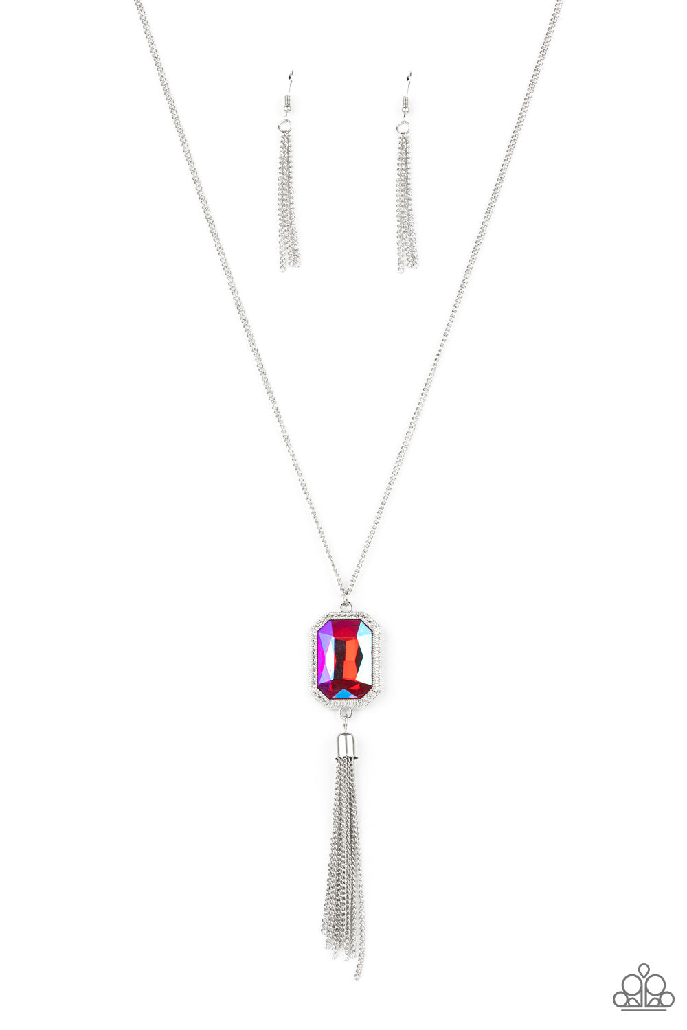 Blissed Out Opulence - Pink Iridescent Necklaces an impressive pink emerald cut gem is pressed into the center of a silver studded frame, creating an ethereal pop of color at the bottom of a lengthened silver chain. A silver chain tassel swings from the bottom of the pendant, adding flirtatious movement to the opulent display. Features an adjustable clasp closure.  Sold as one individual necklace. Paparazzi Jewelry is lead and nickel free so it's perfect for sensitive skin too!