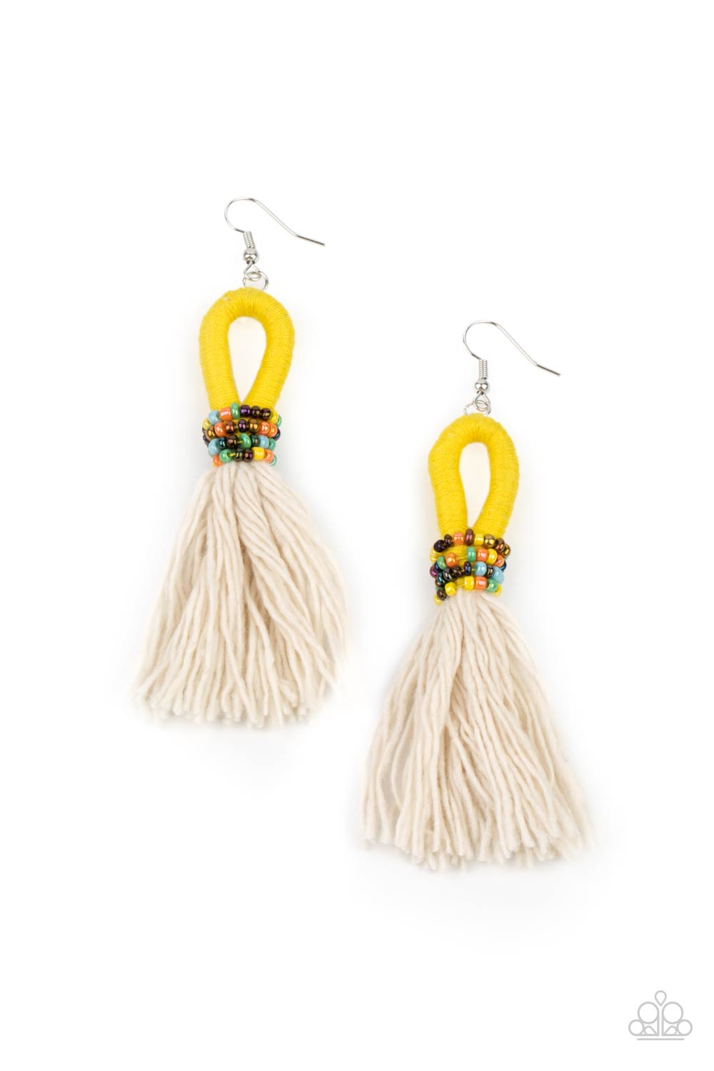 The Dustup - Yellow Earrings a tassel of soft white cotton fans out under rows of brightly colored seed beads. Anchored by a loop of vibrant yellow floss, the eye-catching style swings from the ear for a show-stopping statement. Earring attaches to a standard fishhook fitting.  Sold as one pair of earrings.  Paparazzi Jewelry is lead and nickel free so it's perfect for sensitive skin too!