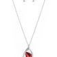 Galatic Wonder - Red Rhinestone Necklaces triangular red gem is nestled inside folds of a shiny silver frame and white rhinestone encrusted silver ribbons, creating an asymmetrical pendant at the bottom of a lengthened silver chain. Features an adjustable clasp closure.  Sold as one individual necklace. Includes one pair of matching earrings.